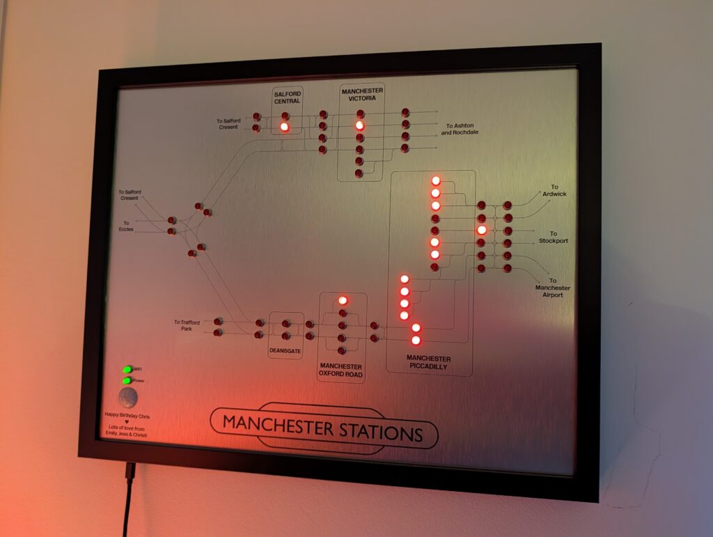 A signalling diagram in a picture frame of the stations around Manchester Piccadilly, with red LEDs (some are illuminated). The bottom corner says "Happy Birthday Chris Lots of love from Emily, Jess & Christi"