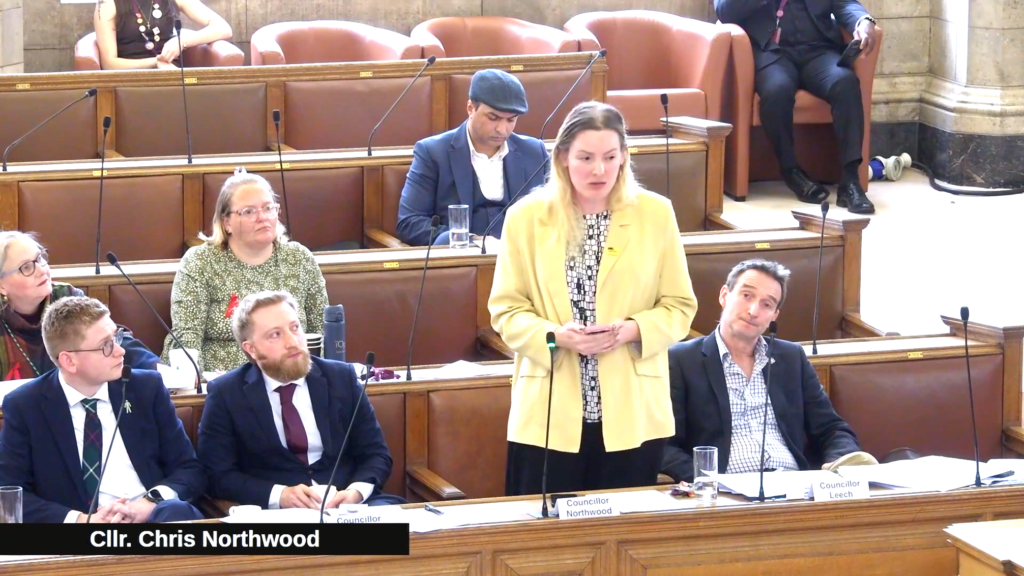 Screenshot of a livestream of a Manchester City Council meeting with Chris Northwood speaking